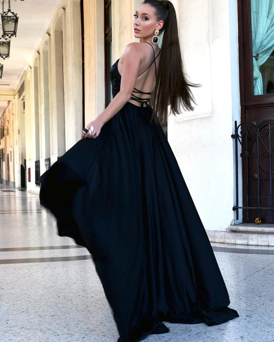 Dark Navy Spaghetti-Straps Evening Dress With Slit
