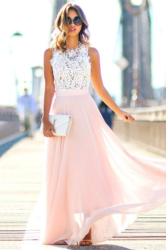 White and Pink Long Chiffon Prom Dress Sleeveless With Lace