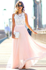 White and Pink Long Chiffon Prom Dress Sleeveless With Lace