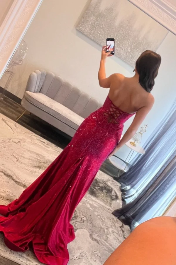 Fuchsia Sleeveless Strapless V-Neck Beaded Split Prom Dress