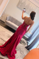 Fuchsia Sleeveless Strapless V-Neck Beaded Split Prom Dress