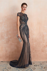 New Arrival Short Sleeves Mermaid Prom Dress Beadings Keyhole