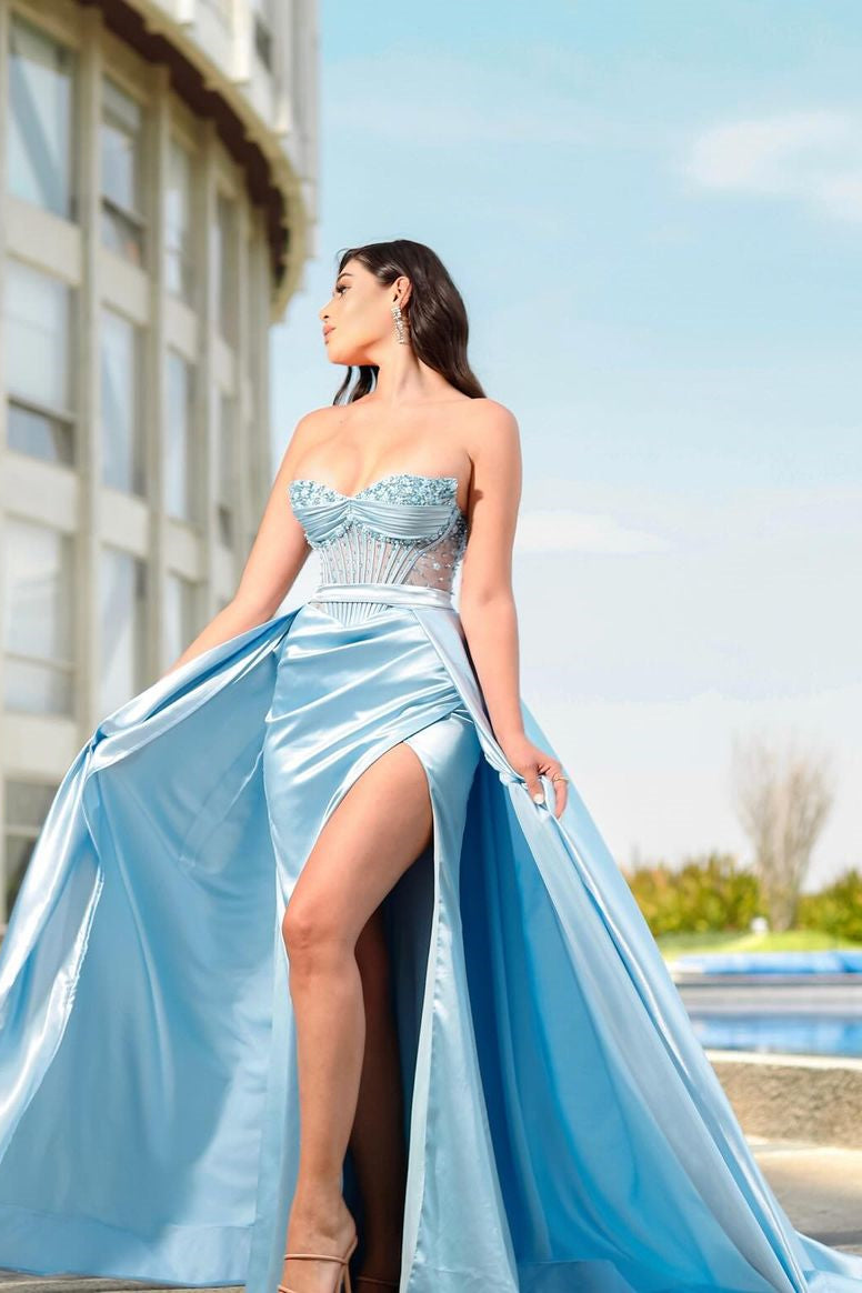 Popular Sky Blue Sweetheart Sleeveless Mermaid Prom Dresses With Split Overskirt
