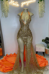 Modern Orange V-Neck Halter Prom Dress High Split Long With Beadings