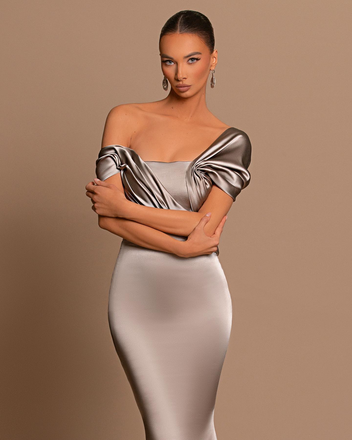 Grey Evening Dress Off-the-Shoulder Bateau Pleated Gown