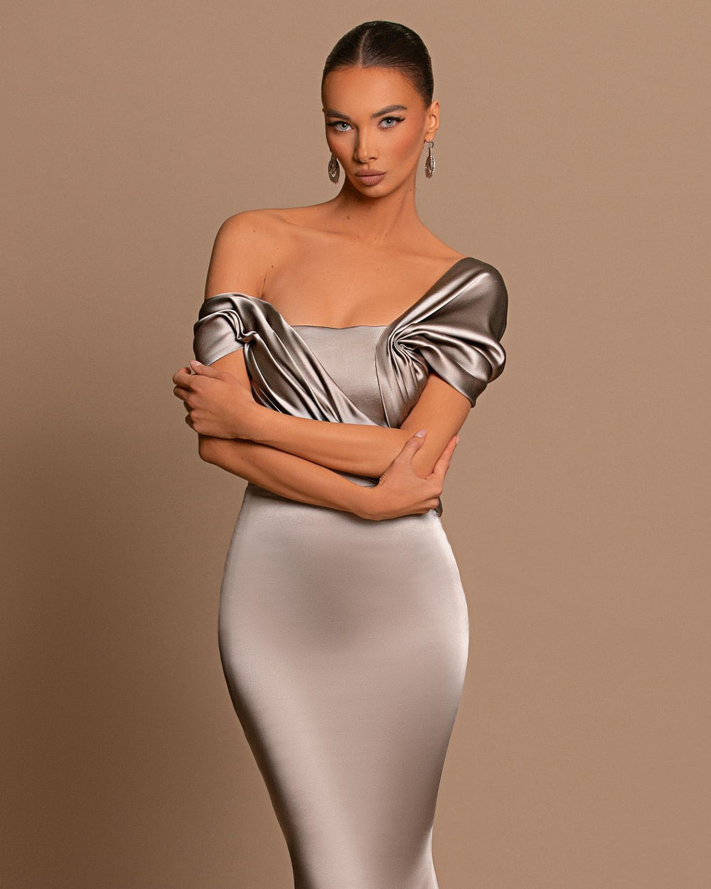 Grey Evening Dress Off-the-Shoulder Bateau Pleated Gown