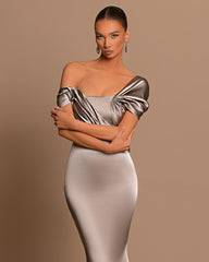 Grey Evening Dress Off-the-Shoulder Bateau Pleated Gown