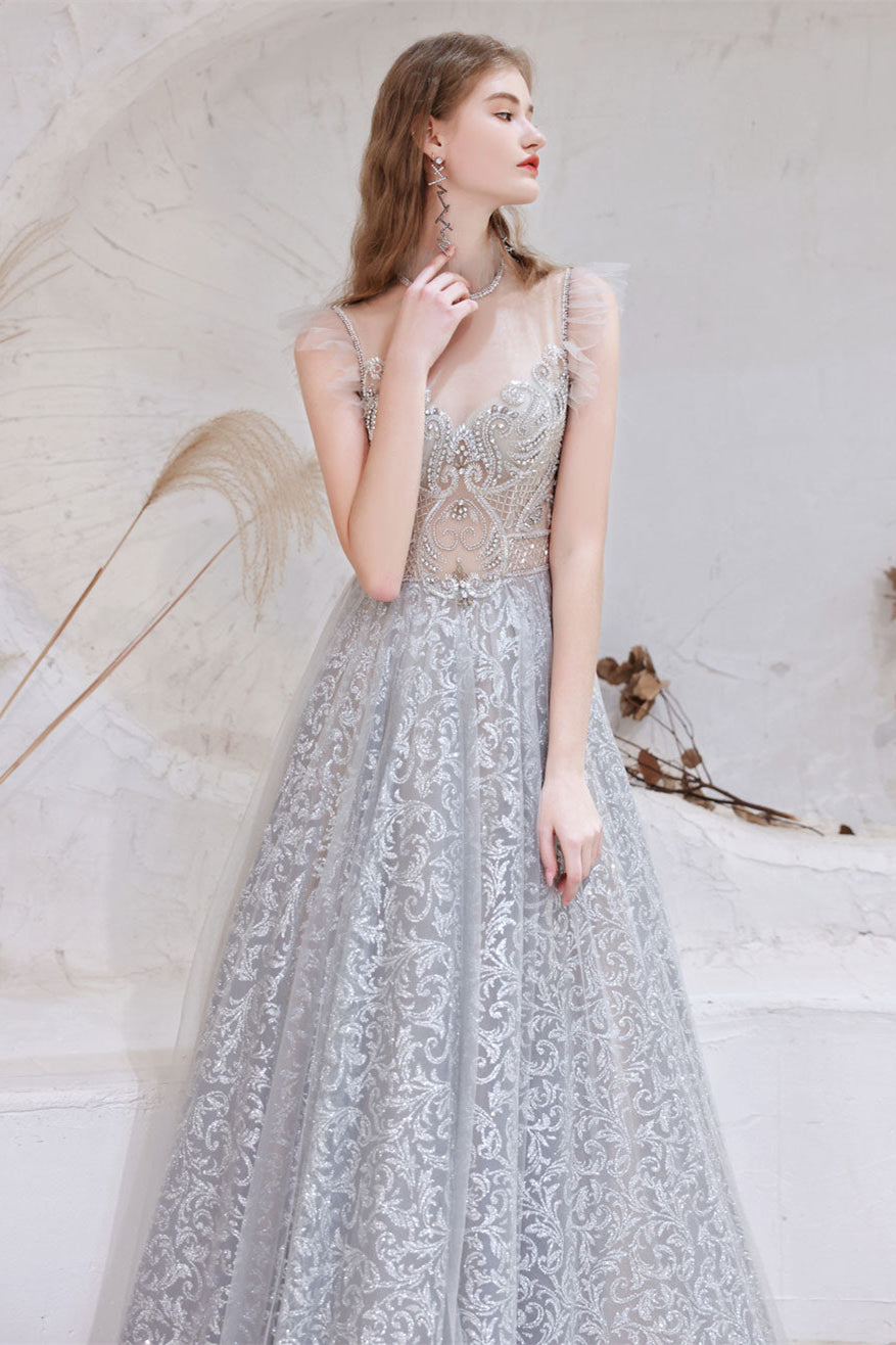 Gorgeous Princess Tulle Prom Dress Lace Sheer Top Long With Beads