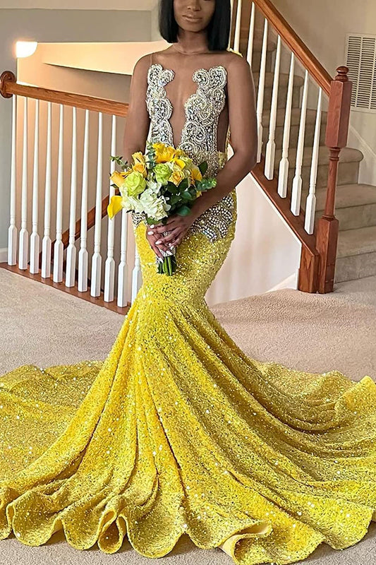 Classic Yellow Sequins Prom Dress Mermaid Sleeveless With Crystal