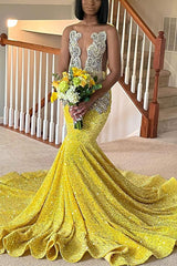 Classic Yellow Sequins Prom Dress Mermaid Sleeveless With Crystal