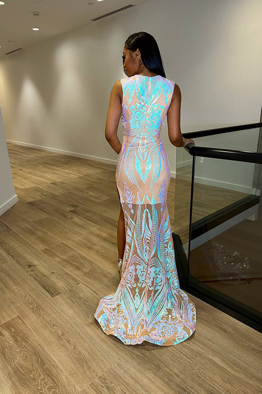 Fantasy Evening Dress Sequins Side Split Sleeveless V Neck