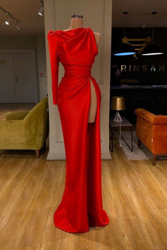 Red One Shoulder Long Sleevess Prom Dress With Slit