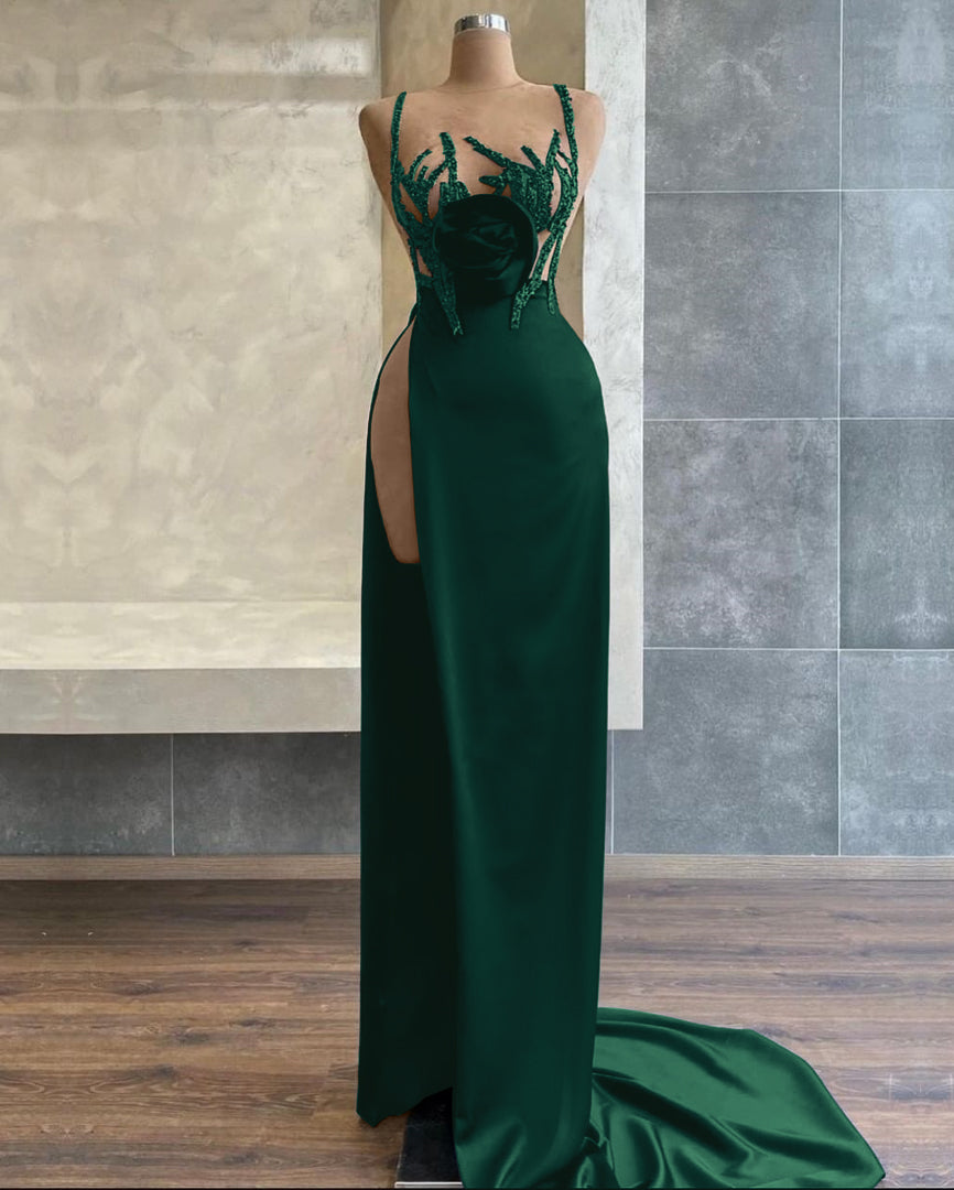 Black Spaghetti-Strap Beadings Sequins Mermaid Evening Dress with Slit