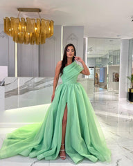 Black A Line Prom Dress One Shoulder Long Split Sleeveless