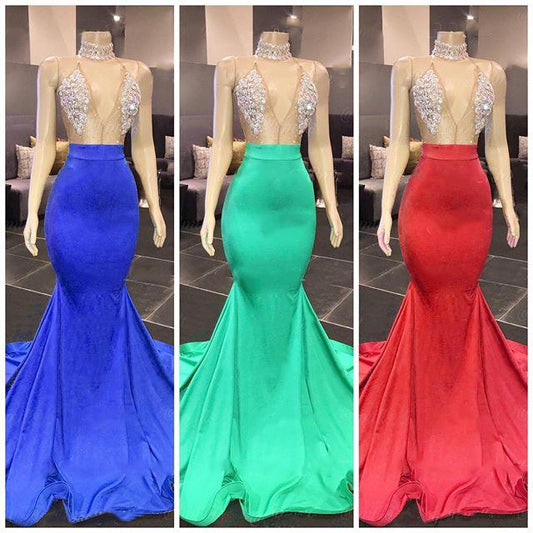 V-Neck Sleeveless Mermaid Prom Dress Long With Crystal
