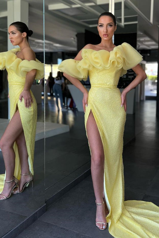 Daffodil Off-the-Shoulder Mermaid Split Evening Dress Sequins
