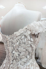Elegant Off-the-shoulder A-line Wedding Dress Featuring Ruffles and Tulle Lace