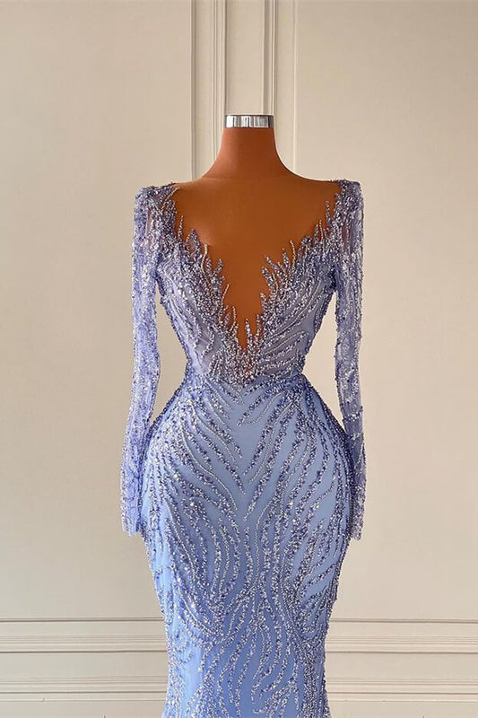 Gorgeous Long Sleeves Mermaid Prom Dress Beadings V-Neck Sheer