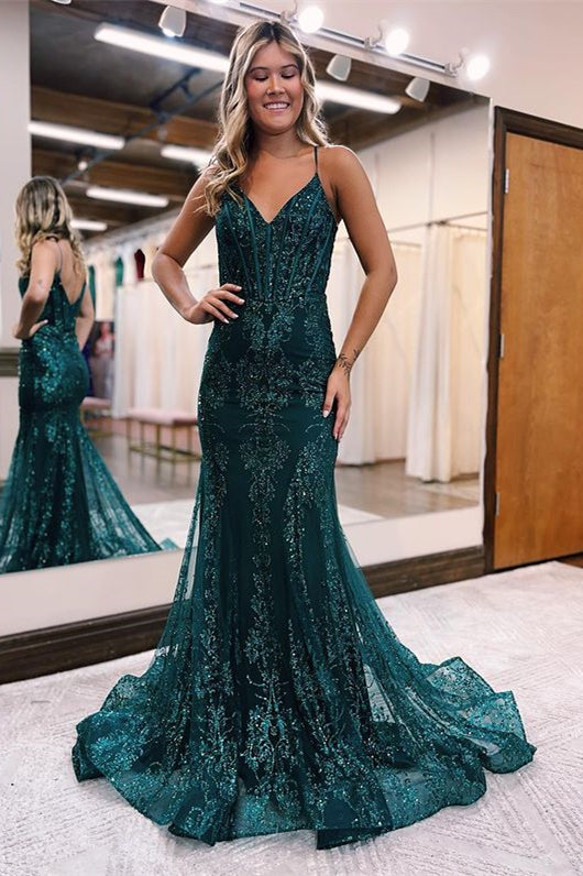 Evening Dress Spaghetti Strap Appliques A-Line Tulle Sequins