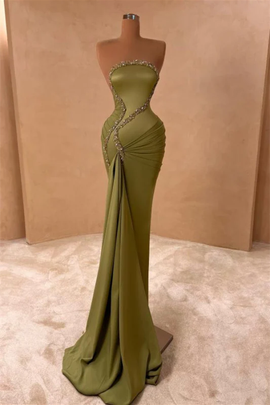 Modern Sage Strapless Mermaid Prom Dress Sleeveless With Beads