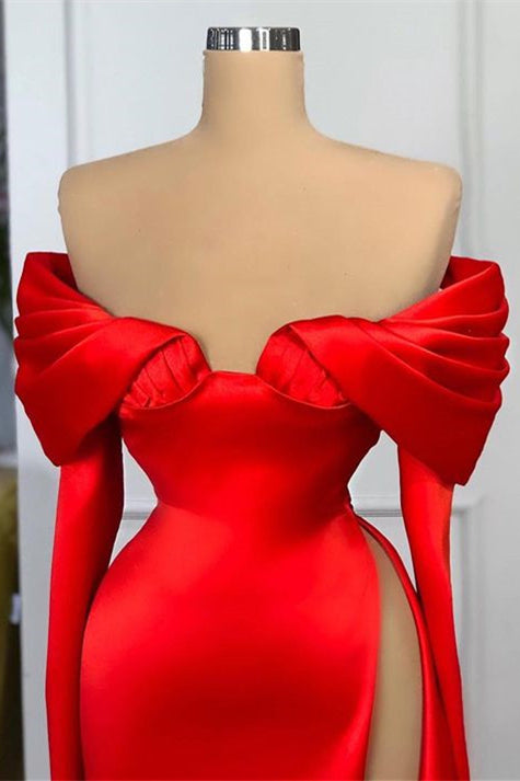 Modern Red Long Sleeves Mermaid Prom Dress Slit Off-the-Shoulder