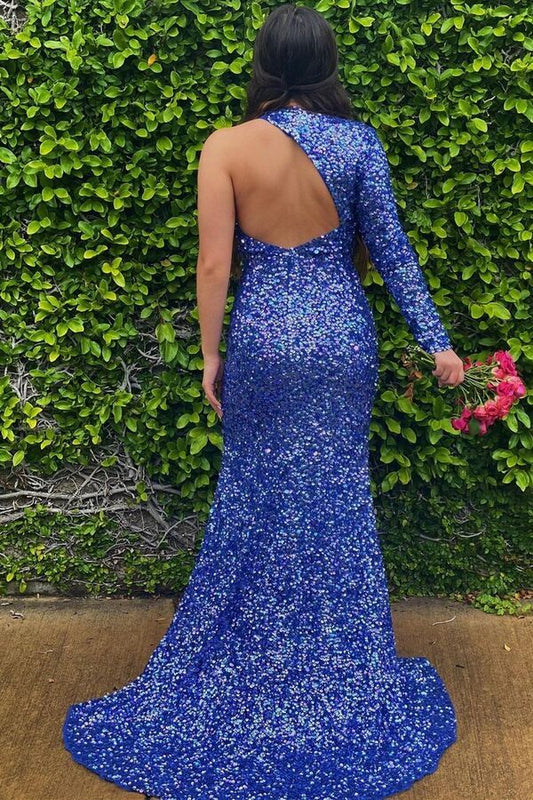 New Arrival One Shoulder Long Sleeves Prom Dress Sequins Mermaid Slit Blue