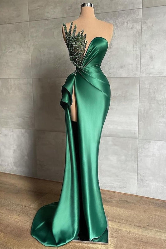 Glorious Emerald Green Sleeveless Prom Dress Mermaid Slit With Beads