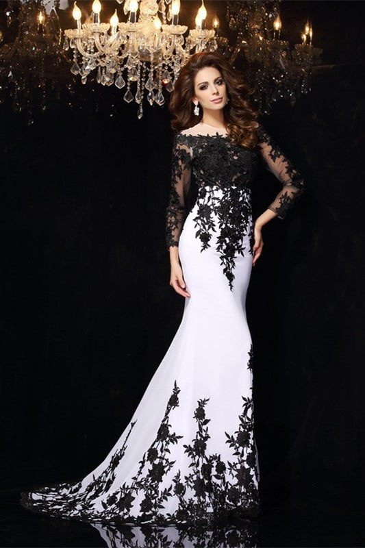 Elegant Long Sleeves Mermaid Prom Dress Appliques Off-the-Shoulder