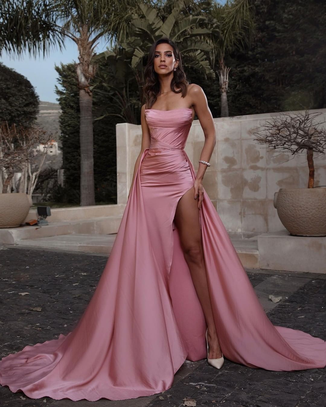 Gorgeous Pink Strapless Pleated Mermaid Prom Dress Split With Ruffles