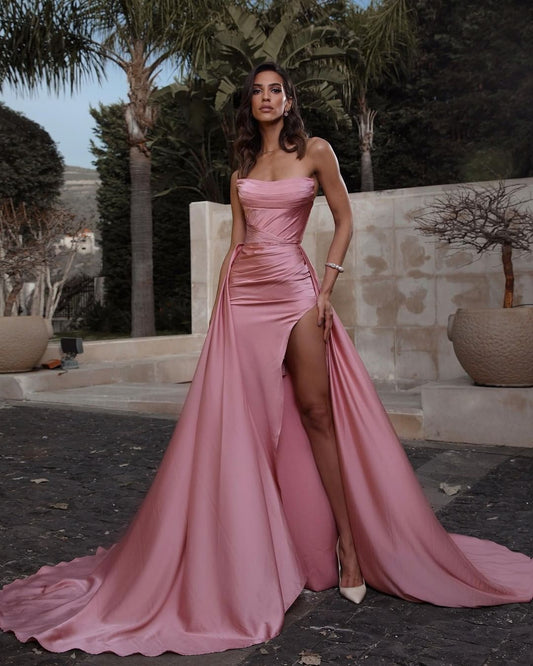Gorgeous Pink Strapless Pleated Mermaid Prom Dress Split With Ruffles