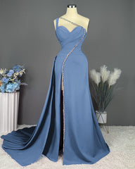 Fuchsia Evening Dress Long One Shoulder With Slit Pleated Beadings