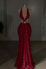 Glamorous Gold Halter Backless Sequin Evening Dress