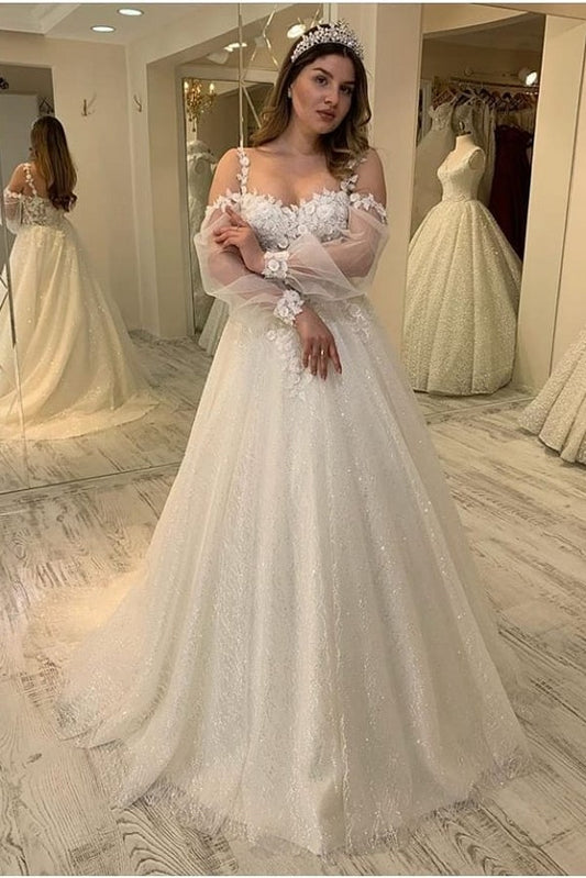 Sweetheart Long Sleeve A-line Wedding Dress with Spaghetti Straps and Glitter
