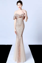 Spaghetti-Straps Mermaid Sequins Prom Dress With Ruffles