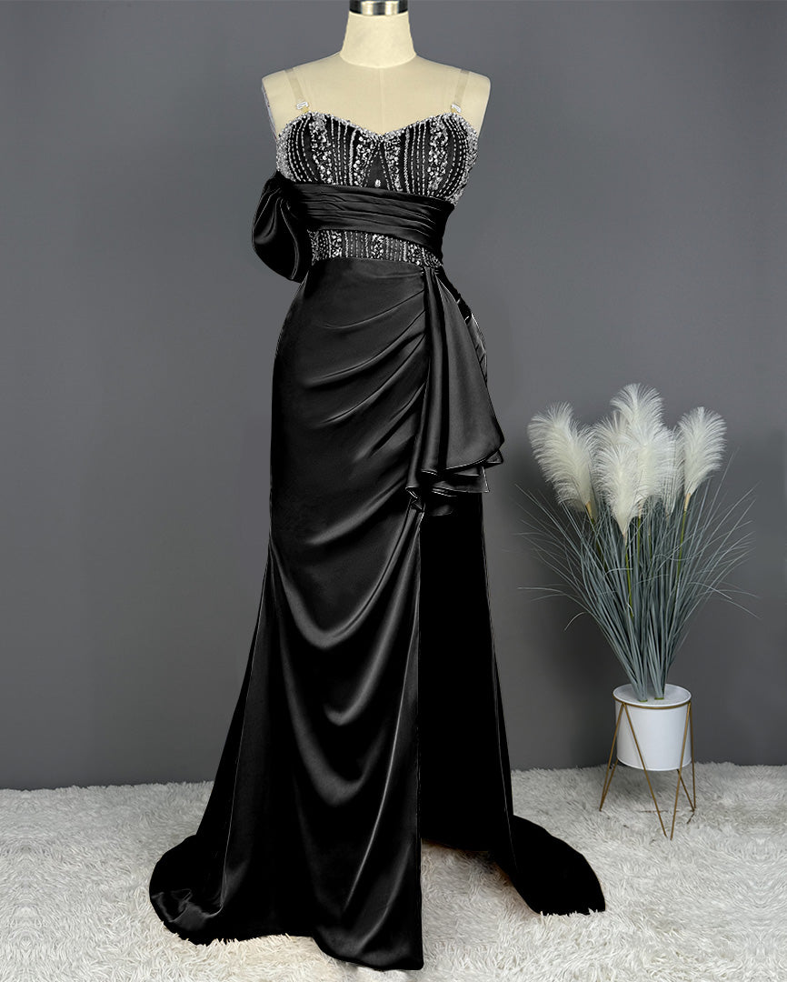 Elegant Spaghetti Straps Split Mermaid Prom Dress Long Pleated Sleeveless Evening Gown with Beading Sequins