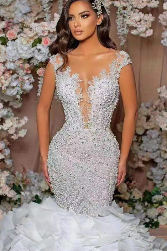 Elegant Mermaid Wedding Gown with Cap Sleeves and Lace Ruffles