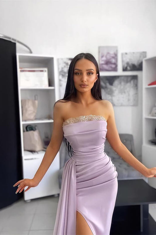 Glorious Strapless Light Lilac Mermaid Prom Dress Long Split With Ruffle