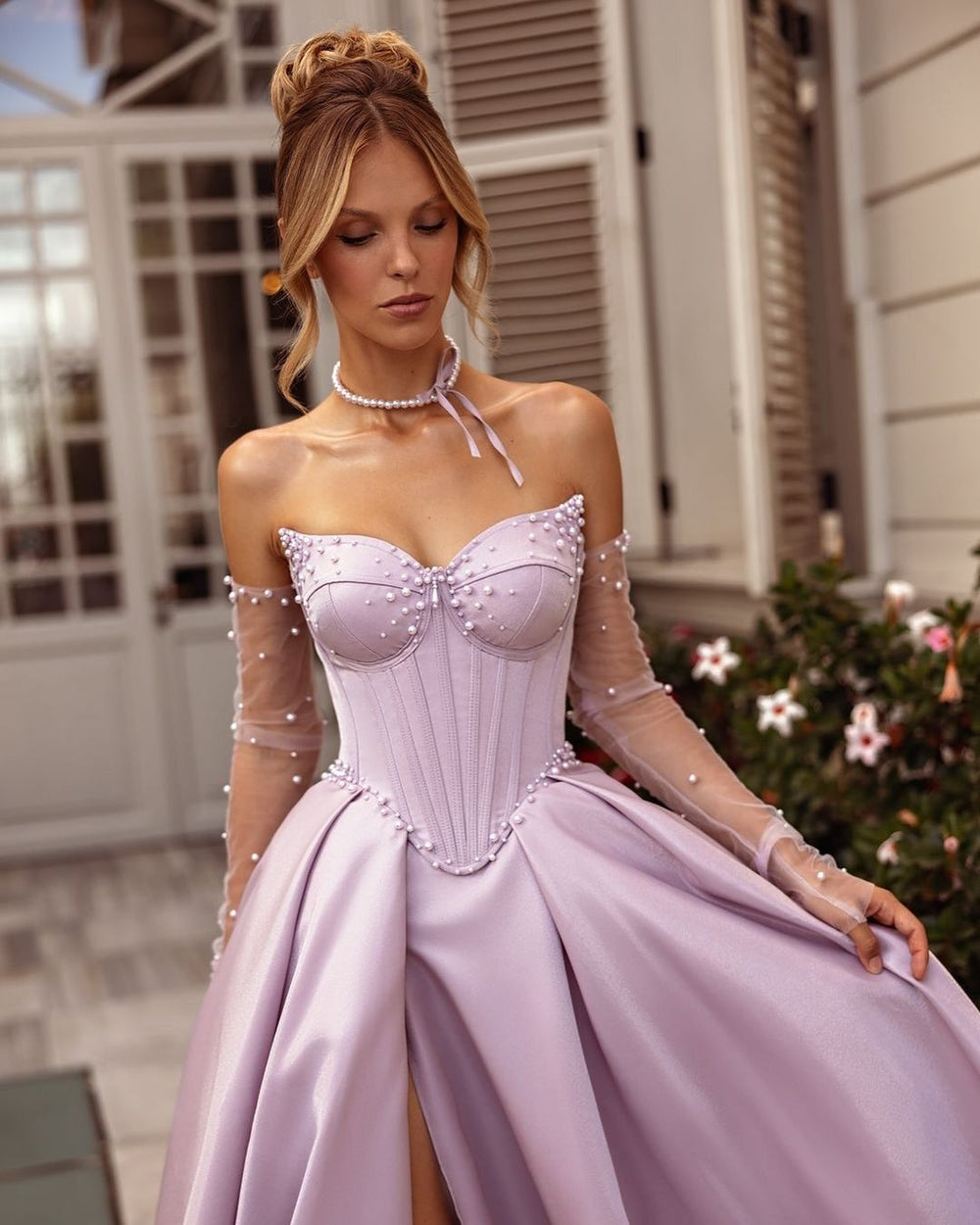 Lilac Off-the-shoulder A-Line Sweetheart Prom Dress with Long Slit and beaded