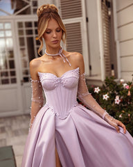 Lilac Off-the-shoulder A-Line Sweetheart Prom Dress with Long Slit and beaded