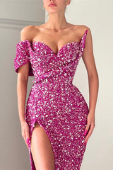 Charming Purple Off-the-Shoulder Sequins Prom Dress Mermaid Long With Split