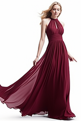 Pink Chiffon Prom Dress Halter Sleeveless Long Pleated