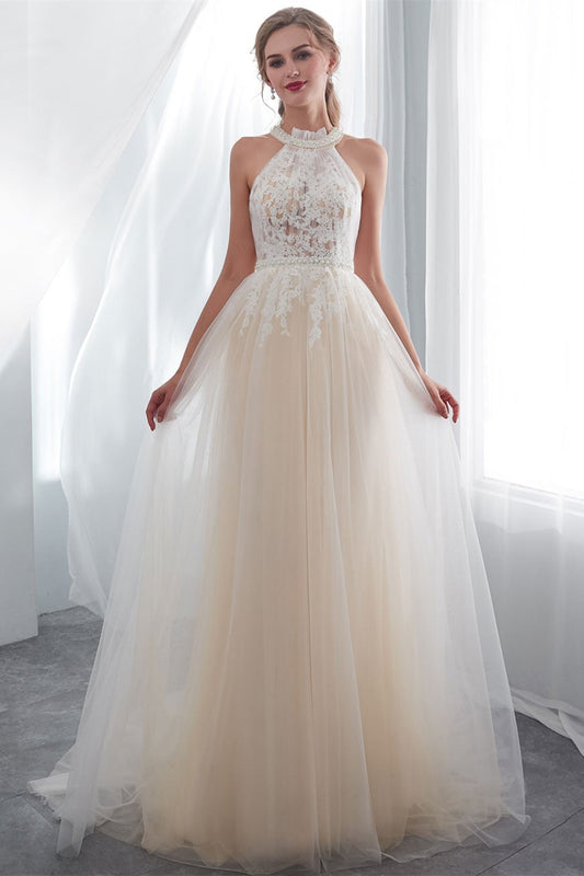 Wedding Dress With Appliques in High-Neck Tulle