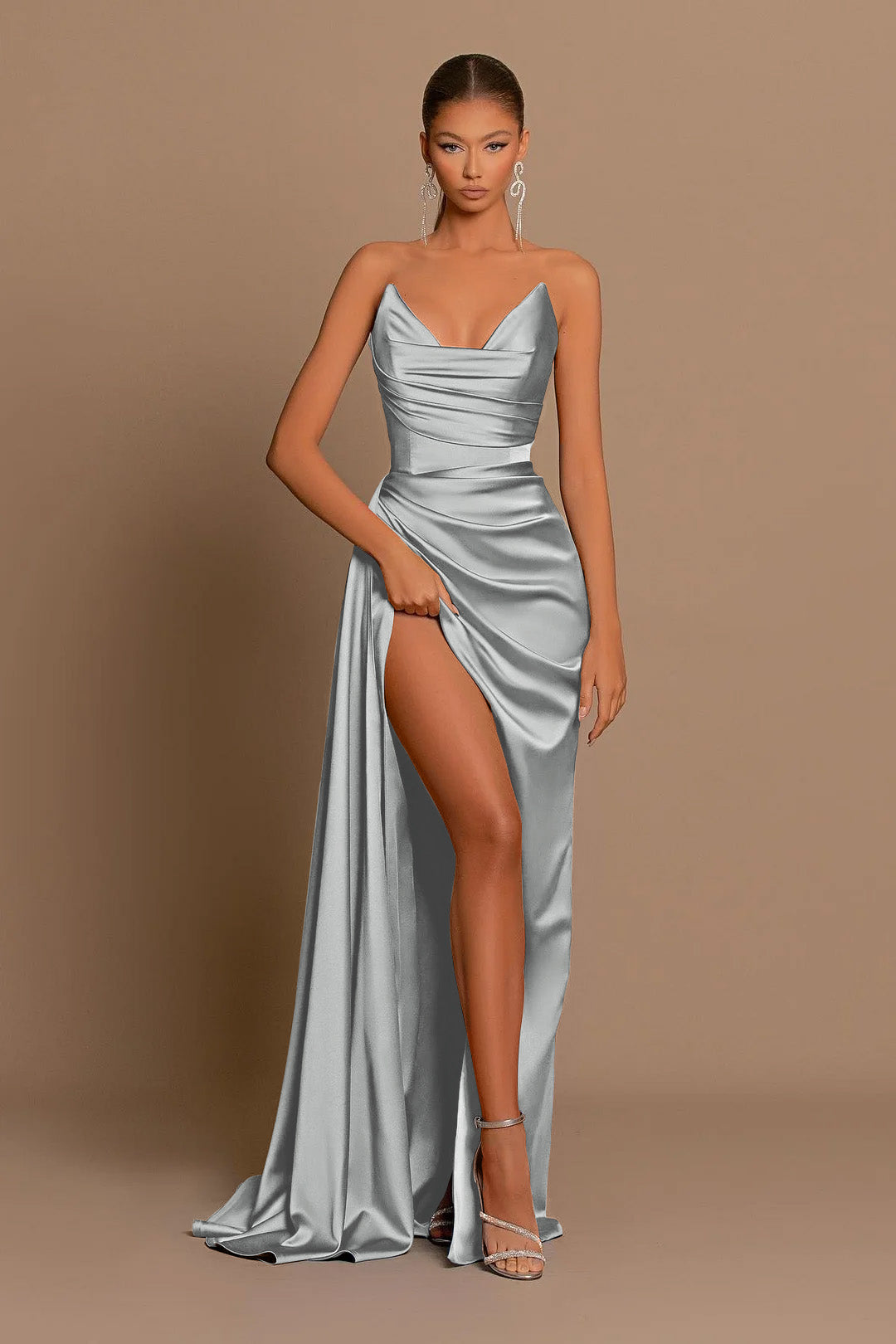Elegant Dusty Blue Prom Dress Long V Neck Dress With Slit Pleated