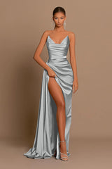 Elegant Dusty Blue Prom Dress Long V Neck Dress With Slit Pleated