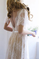 Short Sleeve Boho Lace Wedding Dress