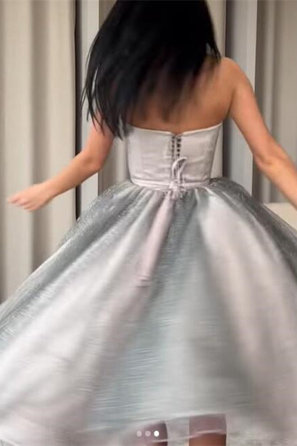 Classy Silver Strapless Tulle Sequins Short Prom Dress On Sale