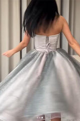 Classy Silver Strapless Tulle Sequins Short Prom Dress On Sale