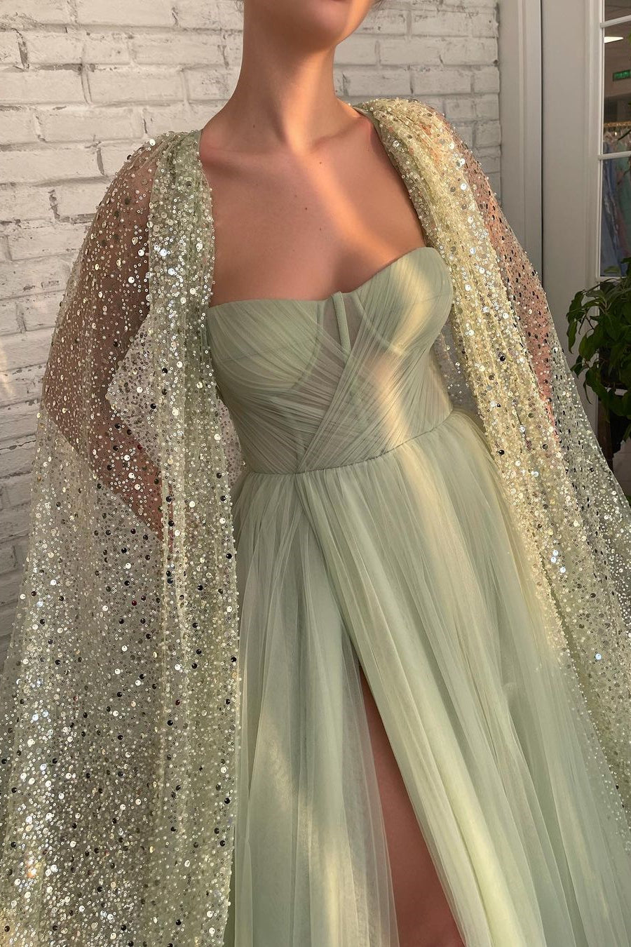 Gorgeous Sage Green Strapless Tulle Prom Dress Long Split With Sequins Cape