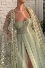 Gorgeous Sage Green Strapless Tulle Prom Dress Long Split With Sequins Cape