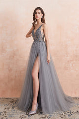 Gorgeous Silver Grey V-Neck Prom Dress Tulle Split With Beads